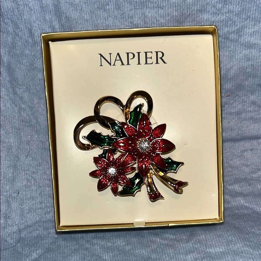 Napier Red Enamel and Rhinestone Poinsettia Pin Brooch.